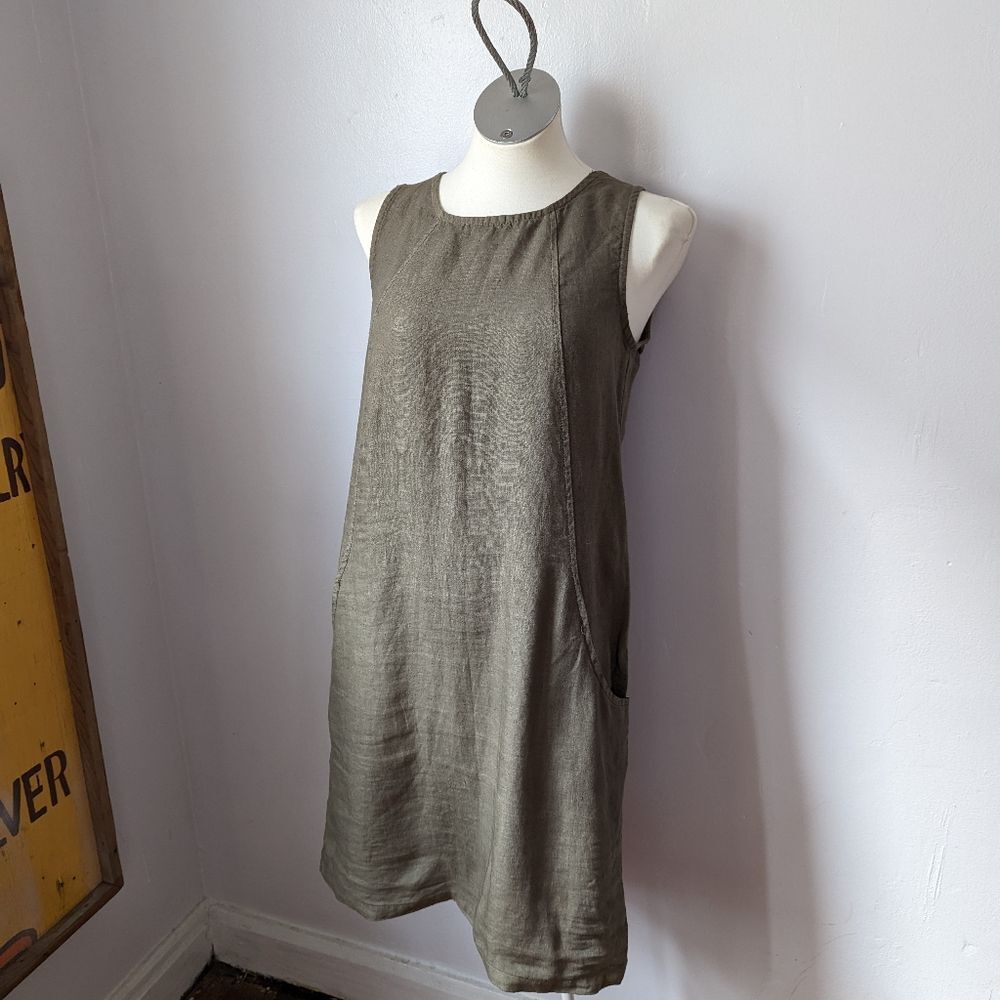Anthropologie Grand Olive Green Linen Tank Dress with Pockets  Size S